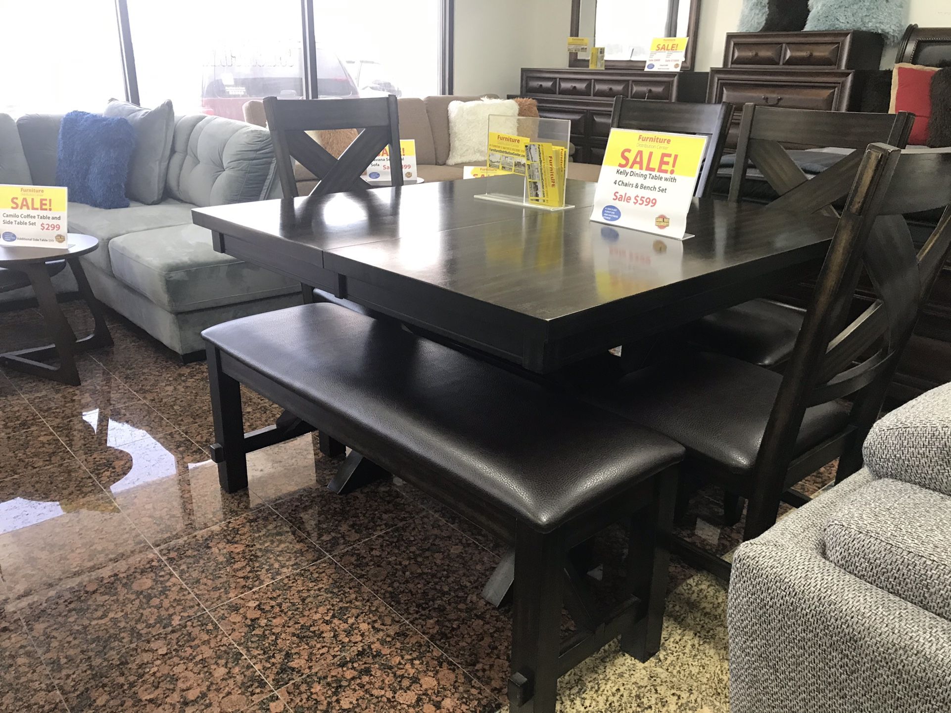 TABLE WITH 4 CHAIRS, BENCH AND A LEAF. SAME DAY DELIVERY AND EASY FINANCING . 