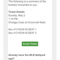tickets For Reds Vs Cubs !!! Sunday May 2nd !  Great Seats!! 2 Tickets!! 
