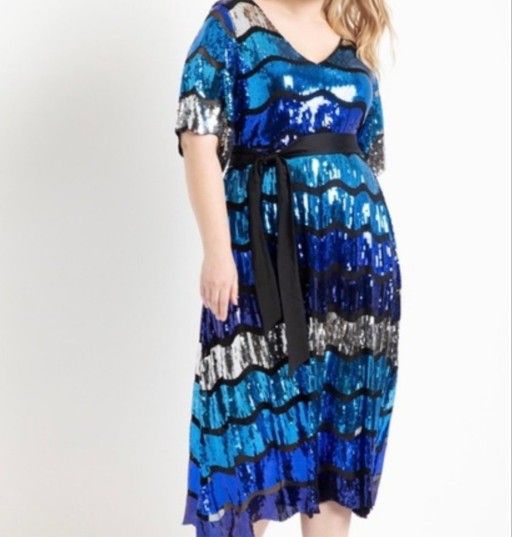 ROYAL BLUE, SILVER, AND BLACK SEQUIN STRIPE DRESS