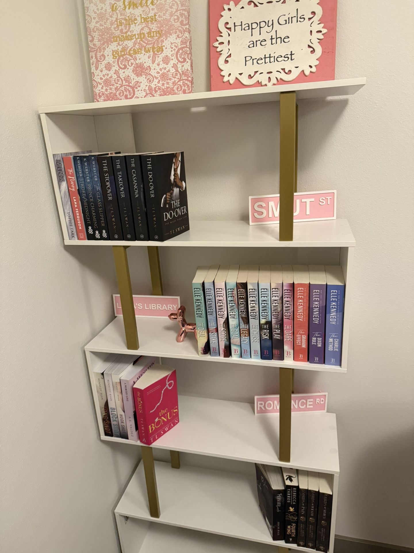 Fully Assembled Modern 5-Tier Geometric S-Shaped White & Gold Book Shelf