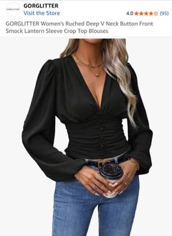 GORGLITTER Women's Ruched Deep V Neck Button Front Smock Lantern Sleeve Crop Top Blouses