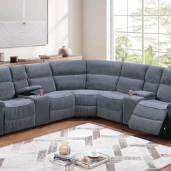 New Reclining Corduroy Sectional.  Grey.  116” X 116”.  Free Delivery!