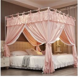 Ruffle lace 4 corners post princess curtain bed  canopy cozy breathable Mosquito net cloth for girl adult (pink 78”W x86”L X82”H KING SIZE)