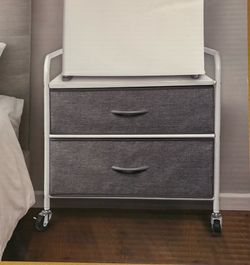 White drawer  organizer side table metal and gray with storage bins Rolling cart with wheels