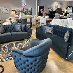 Black Velvet Sofa, Loveseat, Recliner Living Room Set 
