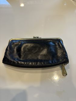 Vintage HOBO Black Leather Kiss Lock Wallet – Floral Lining, Zipper Pocket