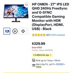 27” Omen monitor 240 Hz 1 ms Response Time
