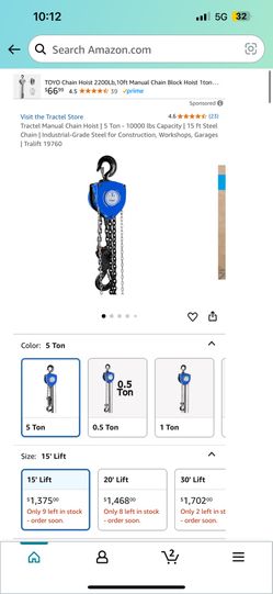 Tractel Manual Chain Hoist | 5 Ton - 10000 lbs Capacity | 20 ft Steel Chain | Industrial-Grade Steel for Construction, Workshops, Garages | Tralift 19