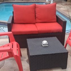 Waterproof Cushions Outdoor Furniture Set 4pc With Coffee Table Chairs Fake Plant Nice Pool Deck Spa Balcony Porch Patio Lawn Garden Yard 