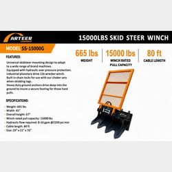 Arteer 15,000lbs Winch Attachment for Skid Steer. New!