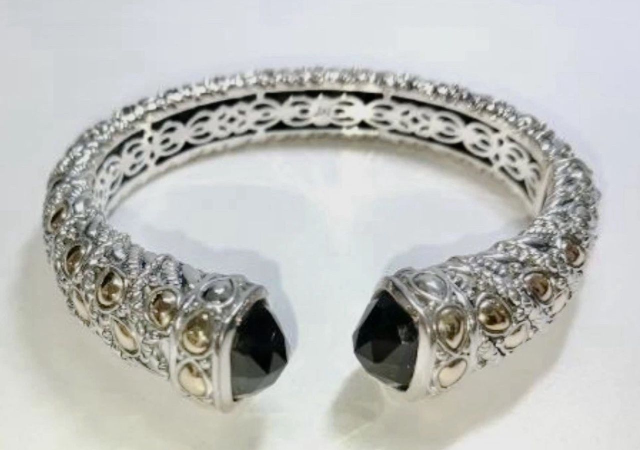 FREE SHIPPING! JAI by John Hardy 925 Silver 14k Gold Jaisalmer Bangle Bracelet Onyx 7.25”Lot263