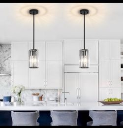 GZJunYo 2-Pack Matte Black Clear Crystal Cylinder Pendant Lights