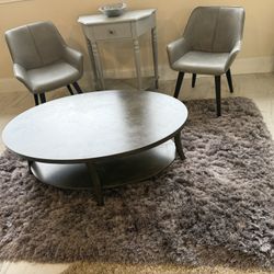 Gray living room set - leather chairs, table, console, rug