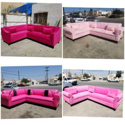 NEW 7X9FT SECTIONAL COUCHES. VELVET HOT PINK,  LIGHT PINK,  VELVET  BUBBLE GUM COLOR FABRIC  AND PINK BLACK LEATHER  2pcs