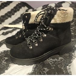 Black and Cream Warm Faux Fur Platform Boots from Olivia Miller