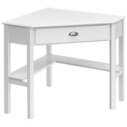 White Corner Wood 1-Drawer Laptop Desk with 2-Bottom Shelves and Pinewood Legs