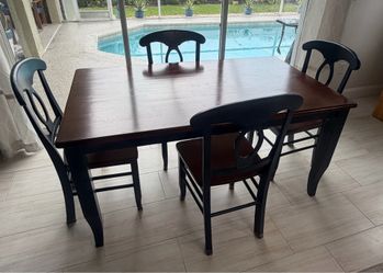 Dinning Set Table 4 Chairs Two-Toned Blue & Cherry Wood Stain