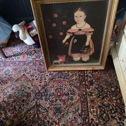 Beautiful Primitive Gold Framed Folk Art Girl Cat Painting Wall Art