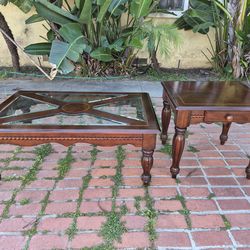 Cherry wood & glass coffee table and side table