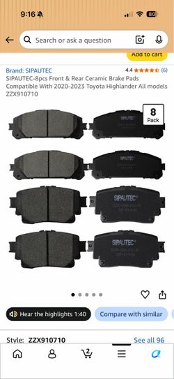 SIPAUTEC-8pcs Front & Rear Ceramic Brake Pads Compatible With 2020-2023 Toyota Highlander All models ZZX910710