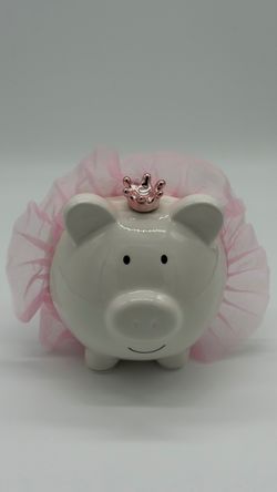 Ceramic Piggy Bank with Crown and Pink Tulle