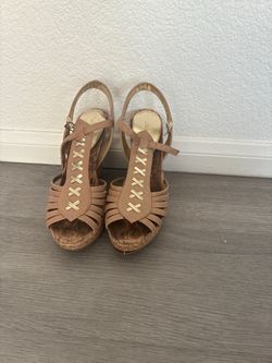 Tan & Gold Strappy Cork Wedge Heels