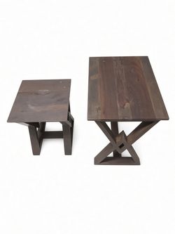 Set of 2 Dark Brown Wood Side Tables – X-Base