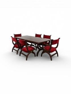 NY: Custom Vintage 1960s Mid Century Modern Marlau of Madrid Glass Top Dining Table with 6 Red Velvet Curule Style Dining Chairs