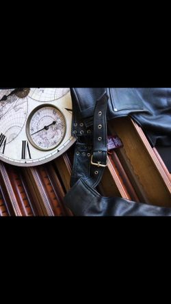 Harley Davidson boots, chaps and helmet