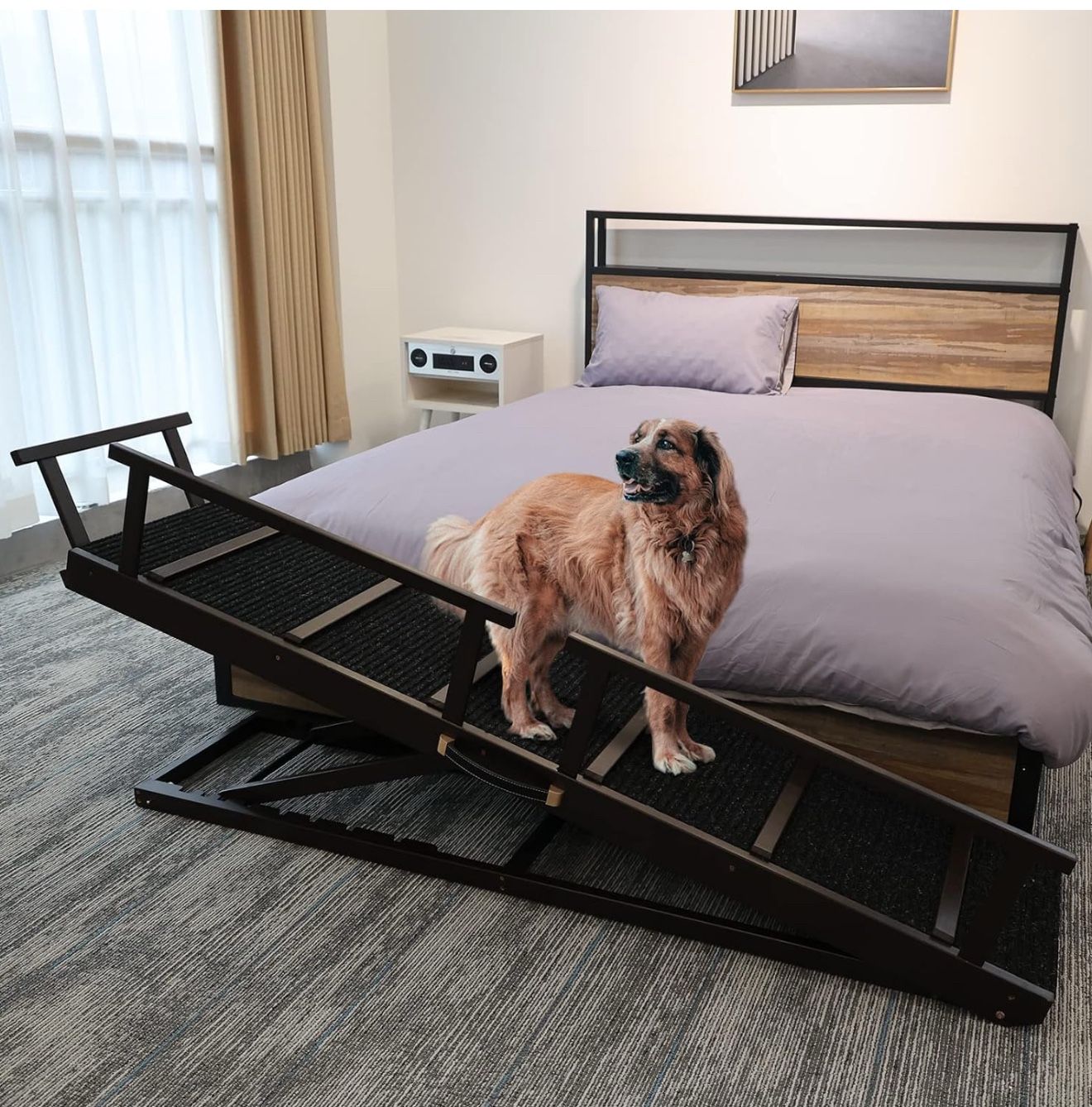 Pet Ramp Folding Portable Wooden Dog & Cat Ramp for Couch or Bed, Including Non Slip Mat & Safety Side Rails, 64.2 Inch Long and Height Adjustable fro