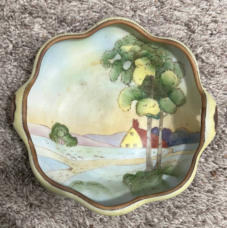Antique Nippon Morimura Hand Painted Scenic Country House Handled Bowl Trinket Dish Circa 1911 - 1921