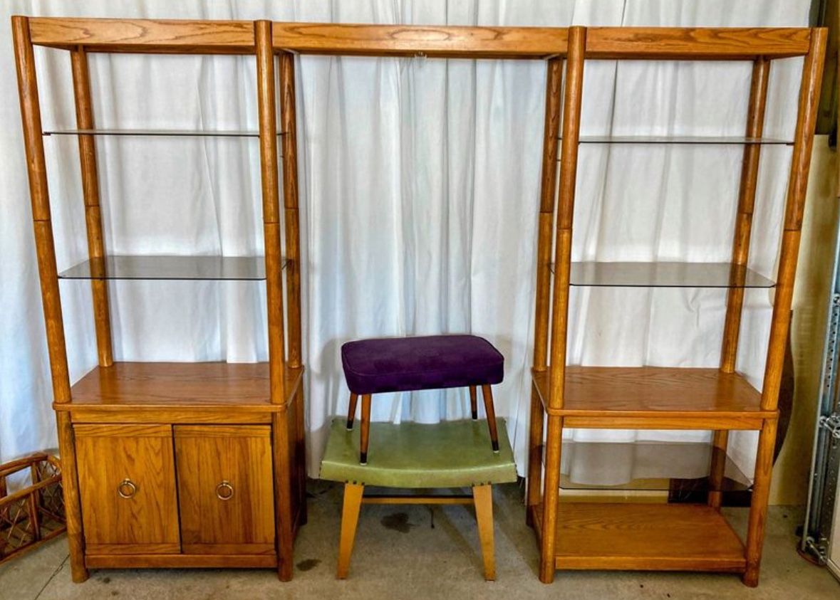 Vintage mid century shelving unit with smoked glass shelves cabinet book shelf storage