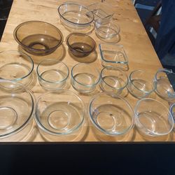 $70 for ALL-17 total glass bowls- (not new) serving bowls-medium/small-14 are marked “Pyrex” 3 are various other off brand names-selling as a whole se