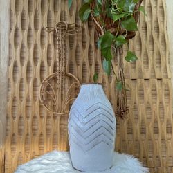 White Tall Ceramic Flower Vase Geometric Design Boho Decor Farmhouse Rustic Display Urn Plant Pot 