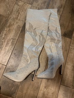 White/Silver Rhinestone Thigh-High Stiletto Boots, Flame Pattern, Size 8.5