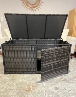 120 Gallon Outdoor Wicker Storage, Large Rattan Deck Box Double Openable Door with Lid and Separate Storage Shelf for Patio, Cushions, Garden Tools, P