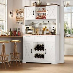 71'' Tall Wine Bar Cabinet with Storage Hutch & 3 Drawers, Farmhouse Coffee Bar Cabinet Wine Rack with Adjustable Shelves, White