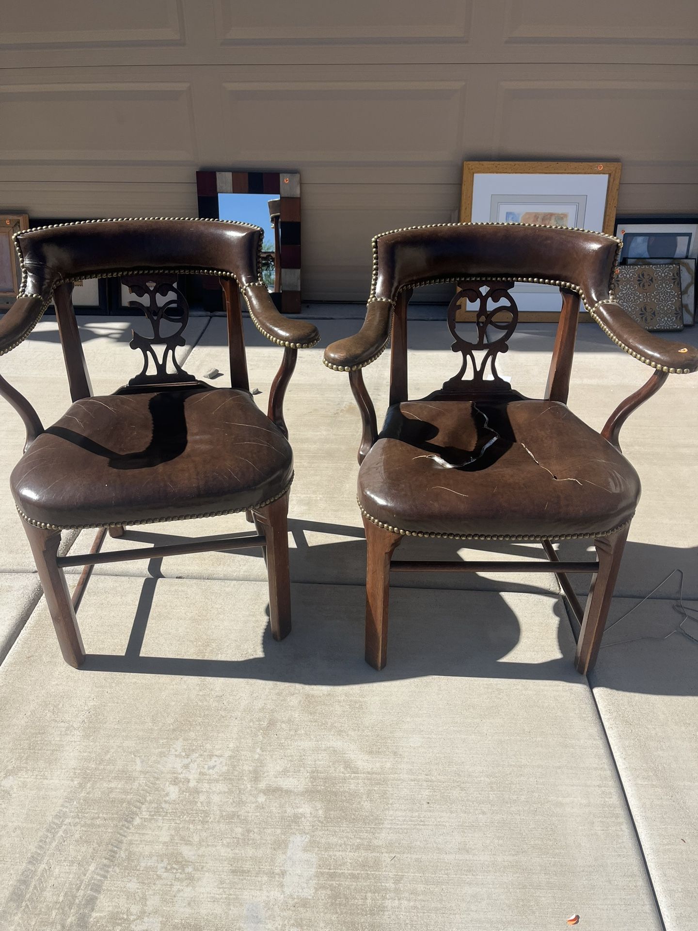 Antique Vintage Hickory Wood& Leather Chairs Nailhead Studs