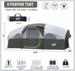 Tent 8 Person Camping Tents, Weather Resistant Family Tent, 5 Large Mesh Windows, Double Layer, Divided Curtain for Separated Room, Portable with Carr