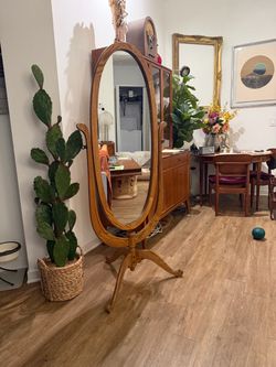 Vintage oak oval free standing full length mirror