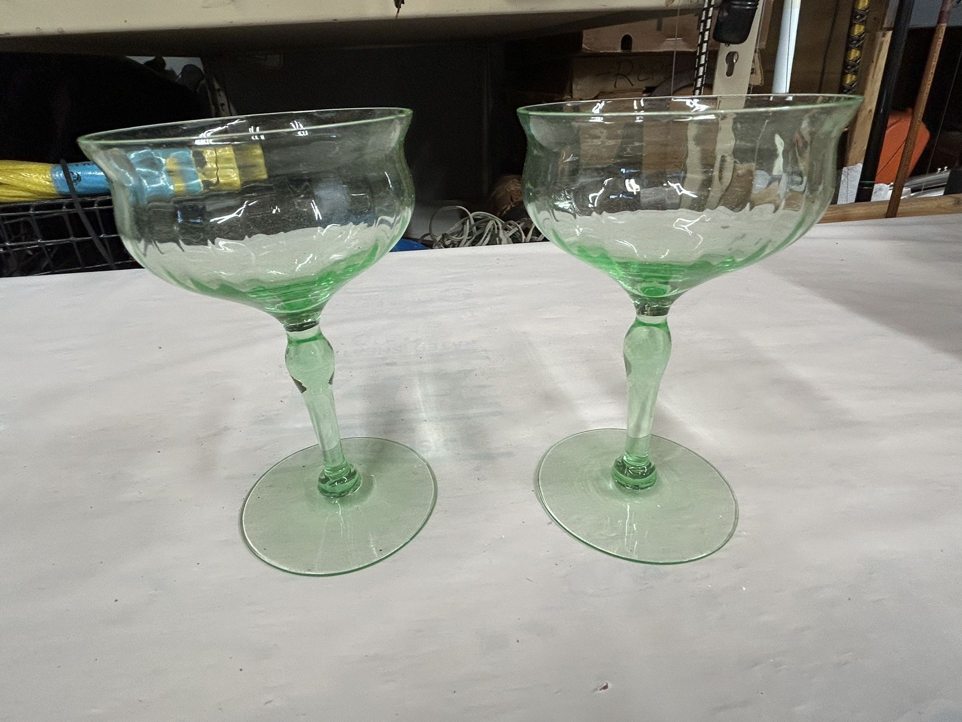 Antique Pair Of Uranium Green Depression Glass Champagne Glasses/1930’s