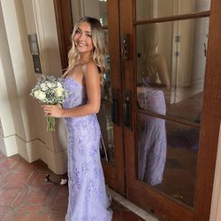 Lavender Mermaid Strapless Lace Prom Dress
