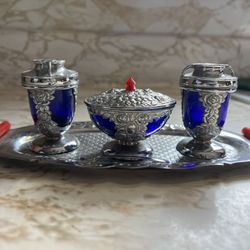 Vintage 1950’s Japan Cobalt Glass Silver Salt Pepper Mustard & Tray Set Dragon