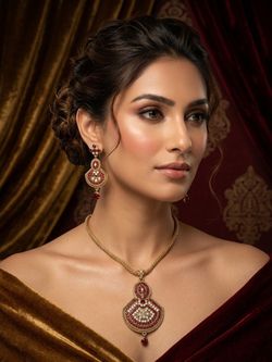Gold-Tone Red Crystal Necklace and Earring Set