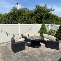Fortunof Brand With Beige Cushions Wicker Sectional Sofas And Glass Top Table And 4 Side Tables 