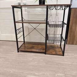 Kitchen Baker's Rack Storage Shelf (Vintage Board + Black Metal Frame)