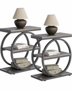 LITTLE TREE End Table, 3-Tier Side Table, Slim Sofa Side Table for Living Room, Tall Bedside Table Nightstand for Bedroom, Grey and Black