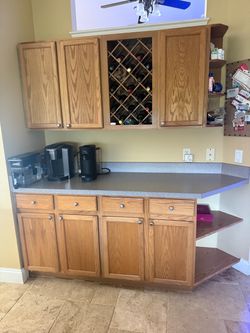 Full Oak Kitchen Cabinets Set with Wine Rack