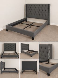 Modern Light Gray Upholstered Queen Bed Frame – Tufted Headboard – Excellent Condition