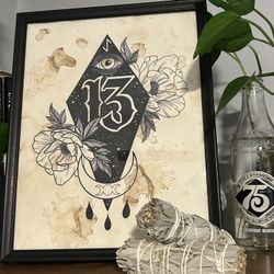 Abstract traditional print floral tattoo gift wall decor home bedroom alt sage lucky 13 all seeing e